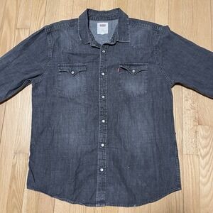 Levis Mens L Black Denim Western Pearl Snap Long Sleeve Button Up Distressed Y2K